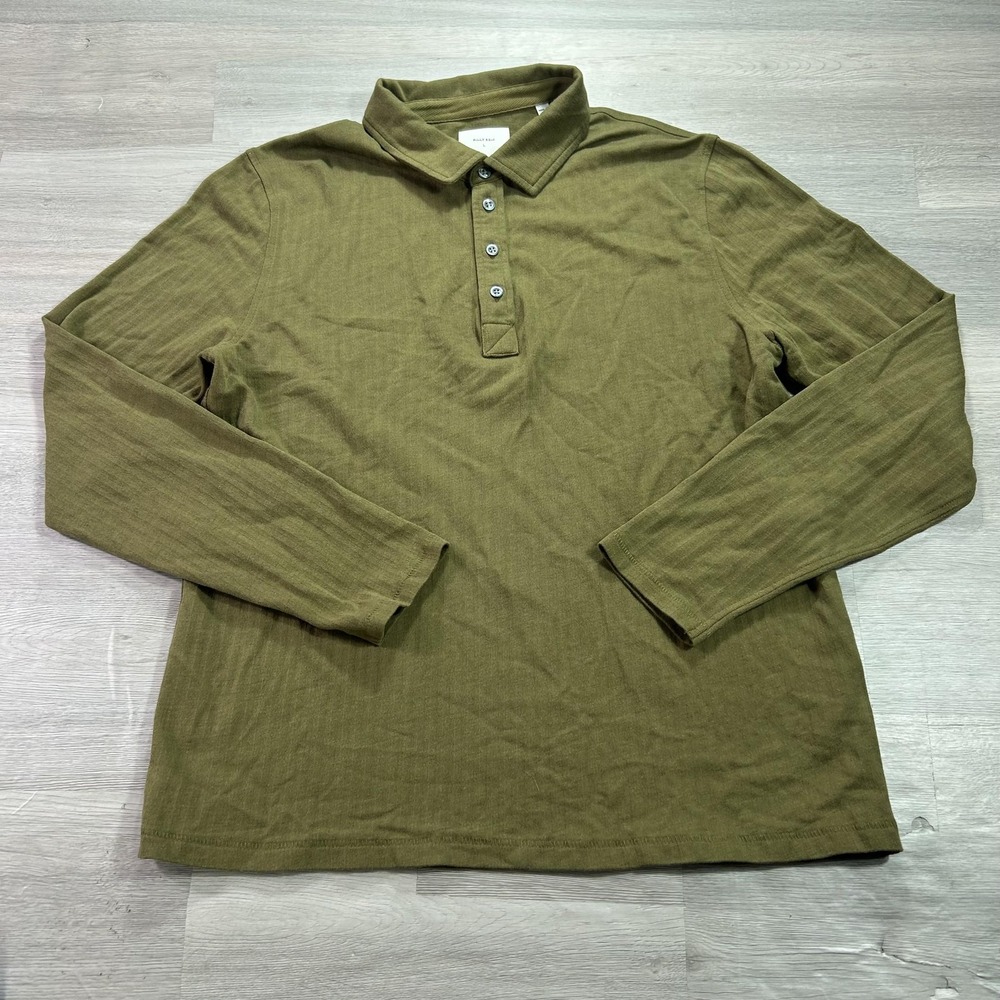 Billy Reid Polo Shirt Mens Large Green Solid Cotton Jersey Long Sleeve Casual